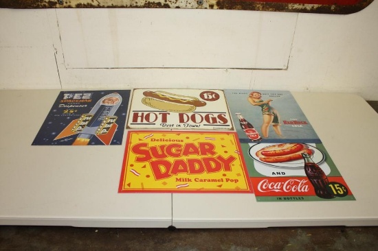 Lot of 5 13x16" Reproduction Signs Coca-Cola, Red Rock, Pez, Etc