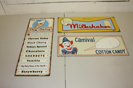 Lot of 3 Reproduction Signs, Milkshakes, Cotton Candy, Ice Cream 20x8"