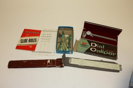 LARGE LOT OF DRAFTING TOOLS, MACHINEST ITEMS, DIAL CALIPER, SLIDE RULE & MORE!