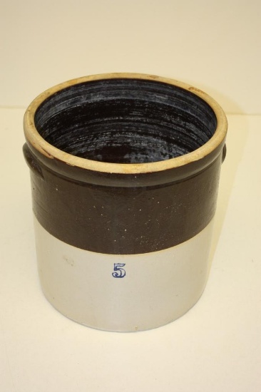 EARLY PRIMITIVE BROWN & WHITE 5 GALLON CROCK W/HANDLES