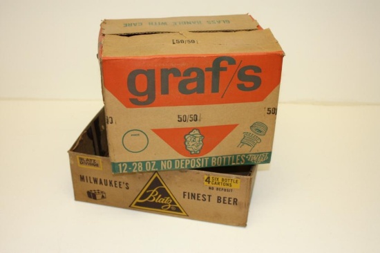 LOT OF TWO VINTAGE CARDBOARD BOXES, BLATZ BEER & GRAF'S 50/50 SODA, SCARCE!