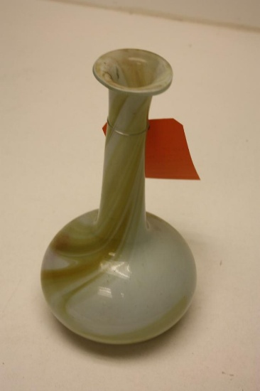 VINTAGE HAND BLOWN GLASS VASE, 12" GREEN SWIRL LONG NECK
