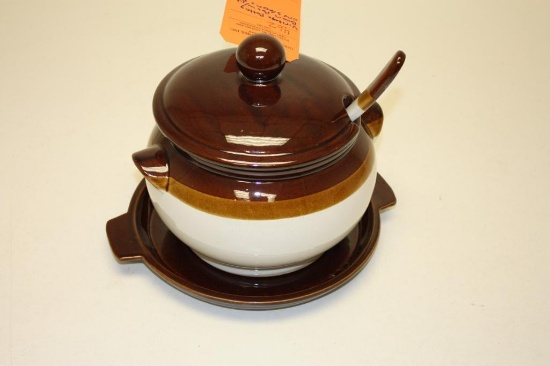VINTAGE POTTERY BEAN POT W/LID, SPOON & BASE