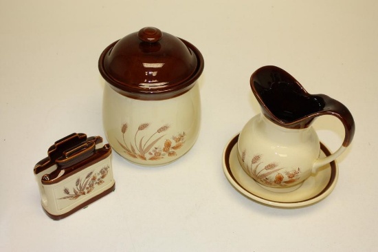 VINTAGE 1980'S KITCHEN POTTERY PITCHER, CANISTER & NAPKIN HOLDER, WHEAT PATTERN