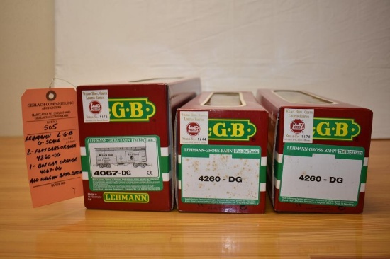 (3) Lehmann LGB G scale model trains two flat cars 4260- DG orange, boxcar 4067 - DG Orange