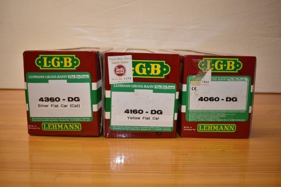 (3)Lehmann LGB G scale model trains flat cars; silver-4360- DG, yellow-4160 - DG