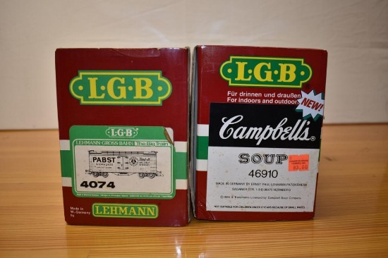 (2) Lehmann LGB G scale model trains box cars; Campbell Soup-46910,Pabst- 4074