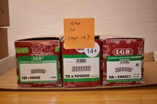 Boxes and loose assorted: LBG Layman model train track, trestles, control boxes, misc.