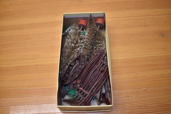 (2) boxes with train track props; trees, post, Etc