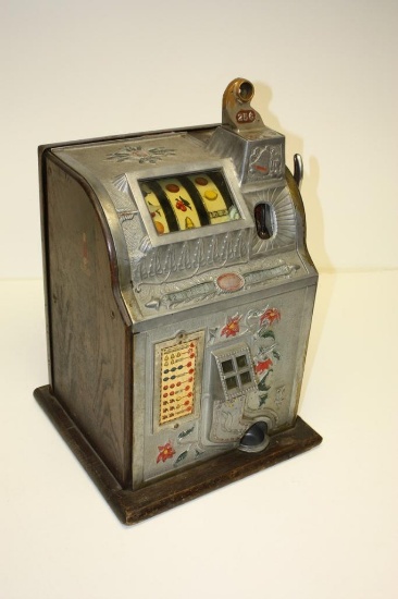 Antique 25 Cent Mills Poinsettia Mechanical Slot Machine with Jackpot, 1930's vintage