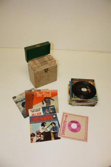 Lot of assorted 45 RPM Records, Jan & Dean, Monkees, some with picture sleeves, with case