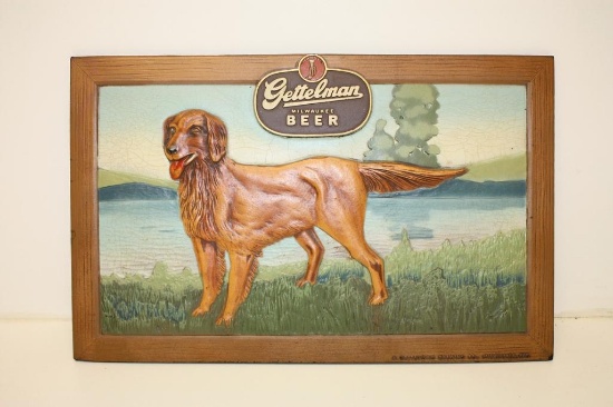 Gettelman Beer Brew Advertising Fiber Sign Irish Setter Dog, measures 16 x 10 inches