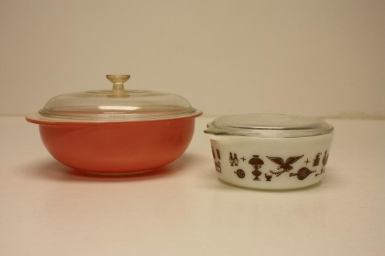 2 Assorted Pyrex Pink Flamingo, Early American Casserole Dishes