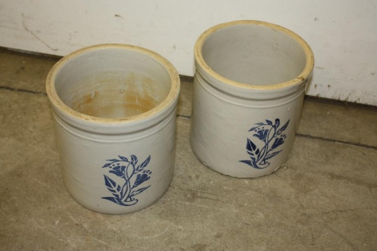 Pair Antique Western Stoneware Crocks with blue floral design, est 1 gallon, no cracks evident,