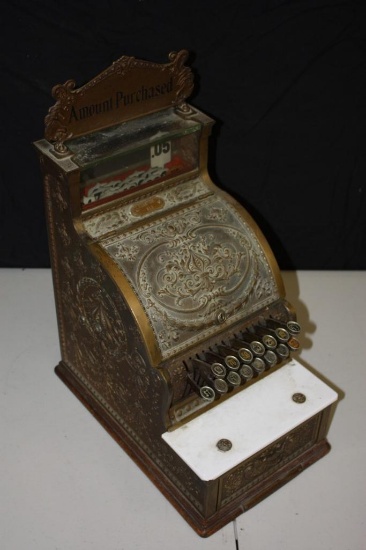 Rare Antique National Dime Store Cash Register, brass, model 313 with marque