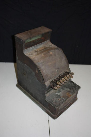 Rare Antique National Dime Store Cash Register, steel woodgrain, model 717