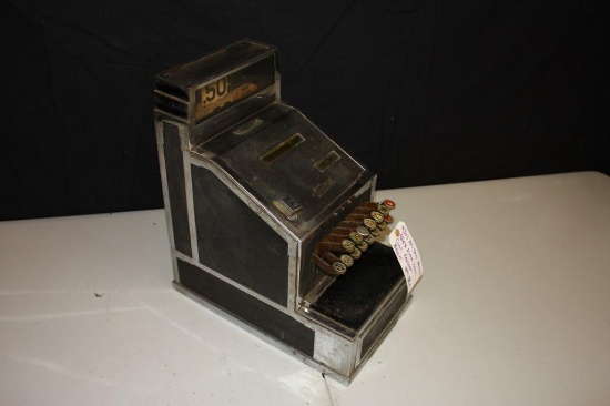 Rare Antique National Dime Store Cash Register, brass, model 4153, art deco black and chrome, 1930s