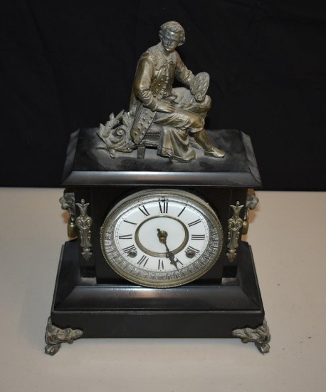 Antique Waterbury Wind Up Sculpture Mantle Clock with pendulum and key