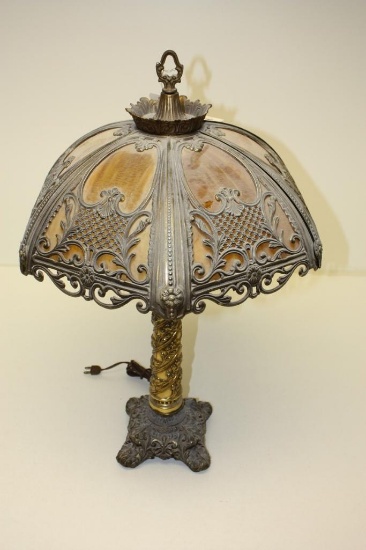 Antique 6 Panel Slag Lamp, metal and glass construction, measures, 29 inches tall x 19 inches wide