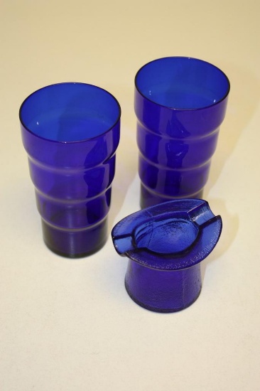 Vintage cobalt blue tumblers and top hat ashtray