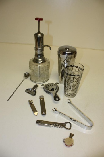 Barware set, 1950s spritzer, shaker, mixers, etc.