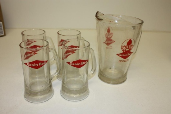 Vintage 1950s Grain Belt Beer Brewery Glass Pitcher and beer mugs (4)