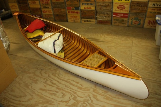 Vintage Old Town Wood Canoe, 15 feet, with Bending Rockgard Paddle, life jackets and more