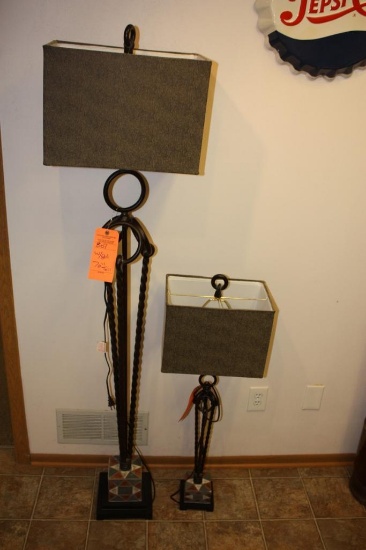 Pair Table and floor lamps, metal and material with square shades, contemporary lighting, measures