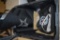 BIN WITH MISC BIKE ITEMS; PADDED BIKE RUG, CANVAS BAG, BOX WITH BIKE PARTS
