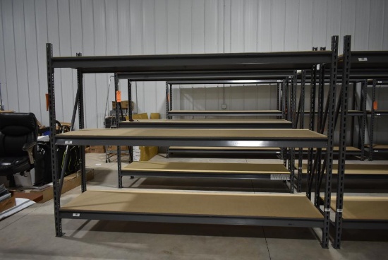 METAL SHELVING UNIT WITH PARTICLE BOARD SHELVES, 8' x 2' x 6'H, PICTURE IS REPRESENTATIVE