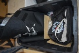BIN WITH MISC BIKE ITEMS; PADDED BIKE RUG, CANVAS BAG, BOX WITH BIKE PARTS