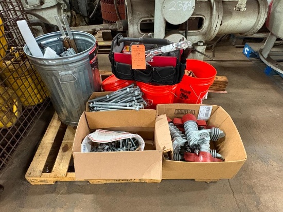 (1) SKID WITH MISC HARDWARE, HIGH KVA COMPONENTS AND HUSKY TOOL TOTE