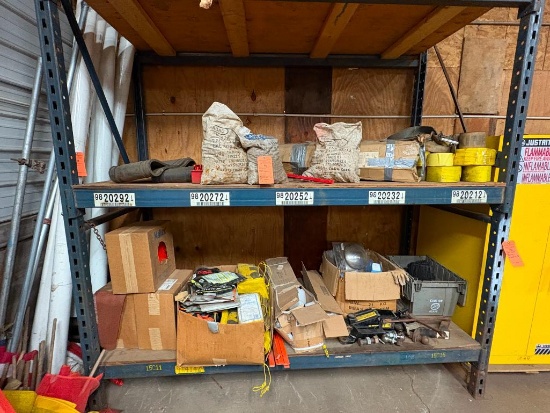 (2) SHELVES OF TRUCK ITEMS: WIDE LOAD BANNERS/FLAGS, TRAILER HITCHES,