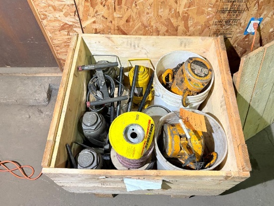 WOODEN SHIPPING SKID WITH (4) HARRINGTON CHAIN FALLS, (4) HYDRAULIC BOTTLE JACKS,