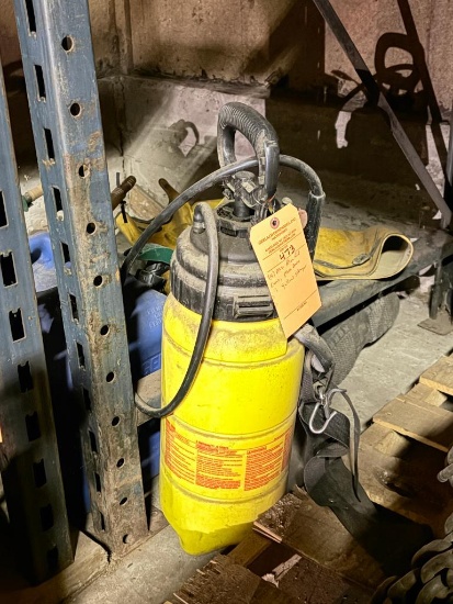 (4) MISC BLUE FUEL CANS, MISC BOOTS AND YELLOW SPRAYER