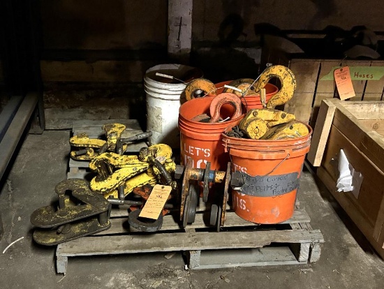 SKID OF MISC BEAM CLAMPS, (2) HARRINGTON 5 TON CHAIN FALLS, AND