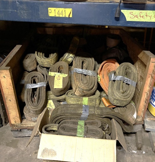 WOOD BOX FULL OF MISC NYLON SLINGS OF VARIOUS LENGTHS AND CAPACITIES