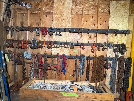 ALL MISC RIGGING ON WALL: PICKING EYES, SHACKLES, CHAIN, CHAIN TENSIONERS ETC