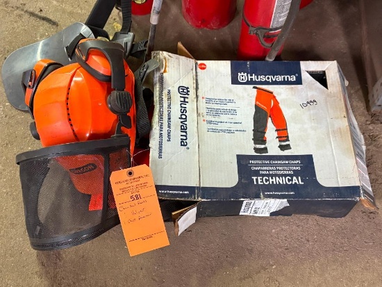 CHAIN SAW, HUSQVARNA PANTS, HELMET AND CHEST PROTECTOR