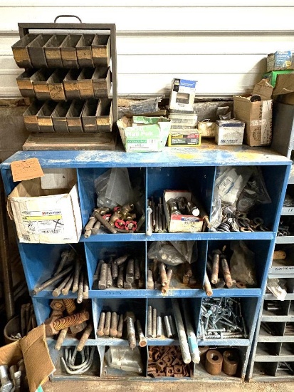 16 BIN BLUE CUBBIE UNIT WITH ALL CONTENTS, MAILS, BOLTS, WASHERS ETC