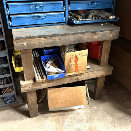 WOOD WORK BENCH WITH CONTENTS: ALL THREAD, WIRE TIES, NAILS