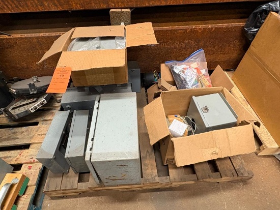 (1) SKID WITH CONTENTS: JUNCTION BOXES, ELECTRICAL COMPONENTS, FUSES