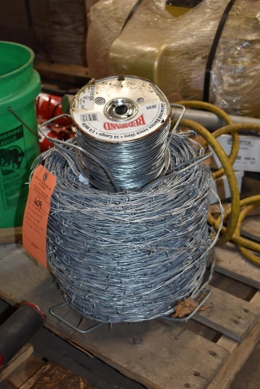 ROLL OF BARBED WIRE 12.5 GAUGE, 80 ROD, AND GALVANIZED ELECTRIC FENCE WIRE,