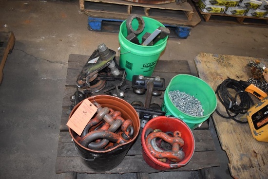 SKID OF MISC SHACKLES, SLUG WRENCHES, CHAIN AND CM BEAM TROLLIES