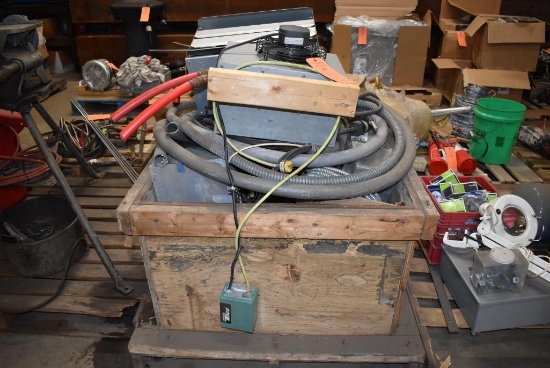 WOOD BOX WITH CONTENTS: HEAT EXCHANGERS, ELECTRICAL CONDUIT, JUNCTION BOXES, WIRE, ETC