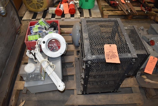SKID WITH CRATE OF PORCELAIN LAMP HOLDERS, BREAKERS, EXTROL 30 PRESSURE TANK,