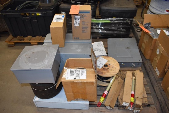 (1) SKID WITH CONTENTS: (2) CONTROL PANEL BOXES, EATON METER SOCKET, EATON DISCONNECT BOX,