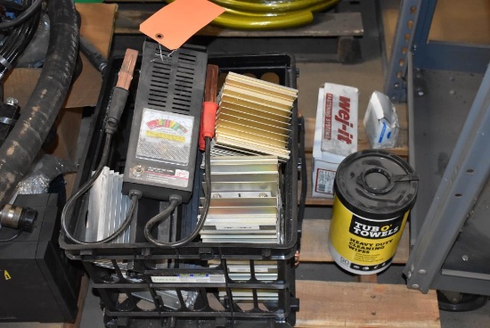 SKID WITH CONTENTS: 100 AMP BATTERY, SHOP TOWELS