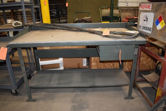 WOOD TOP WORK TABLE, APPROX 60"W X 30", TOP WITH STEEL FRAME & DRAWER