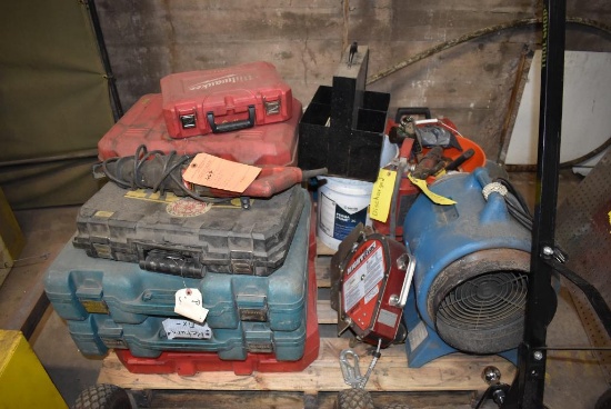 (1) SKID OF TOOLS IN NEED OF REPAIRS: RECIP SAWS, DRILLS, VENT FAN,